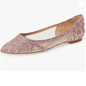 XYD Pinkish Pointed Toe Rhinestone Flats Mesh Slip-on Crystal Wedding Bride Shoe